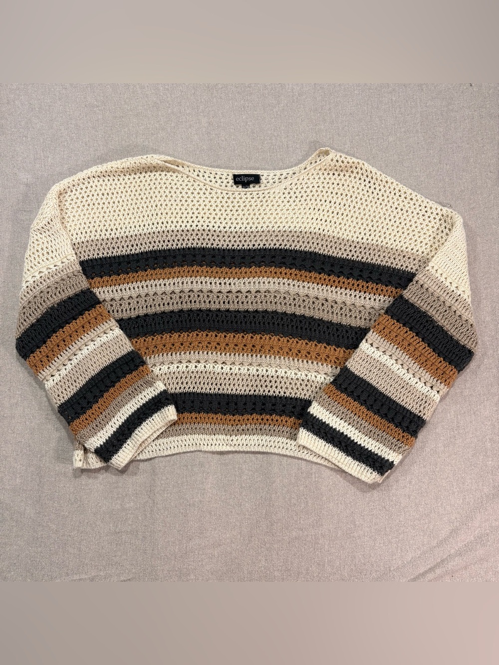 Eclipse Cropped Open-Knit Striped Sweater in Cream, Brown & Black